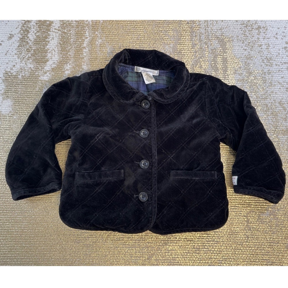 JANIE & JACK Baby Girl Quilted Black Velvet Coat Button Front | 18-24 Months